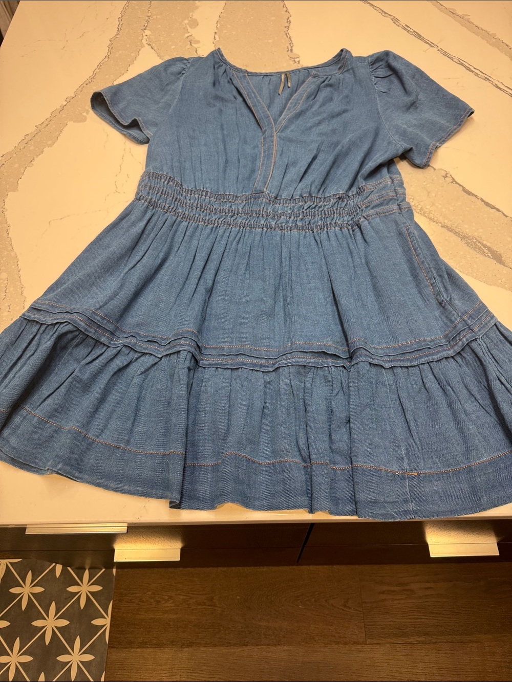 Anthropologie Blue Denim-Look 100% Cotton Tiered Midi Dress Sz1X